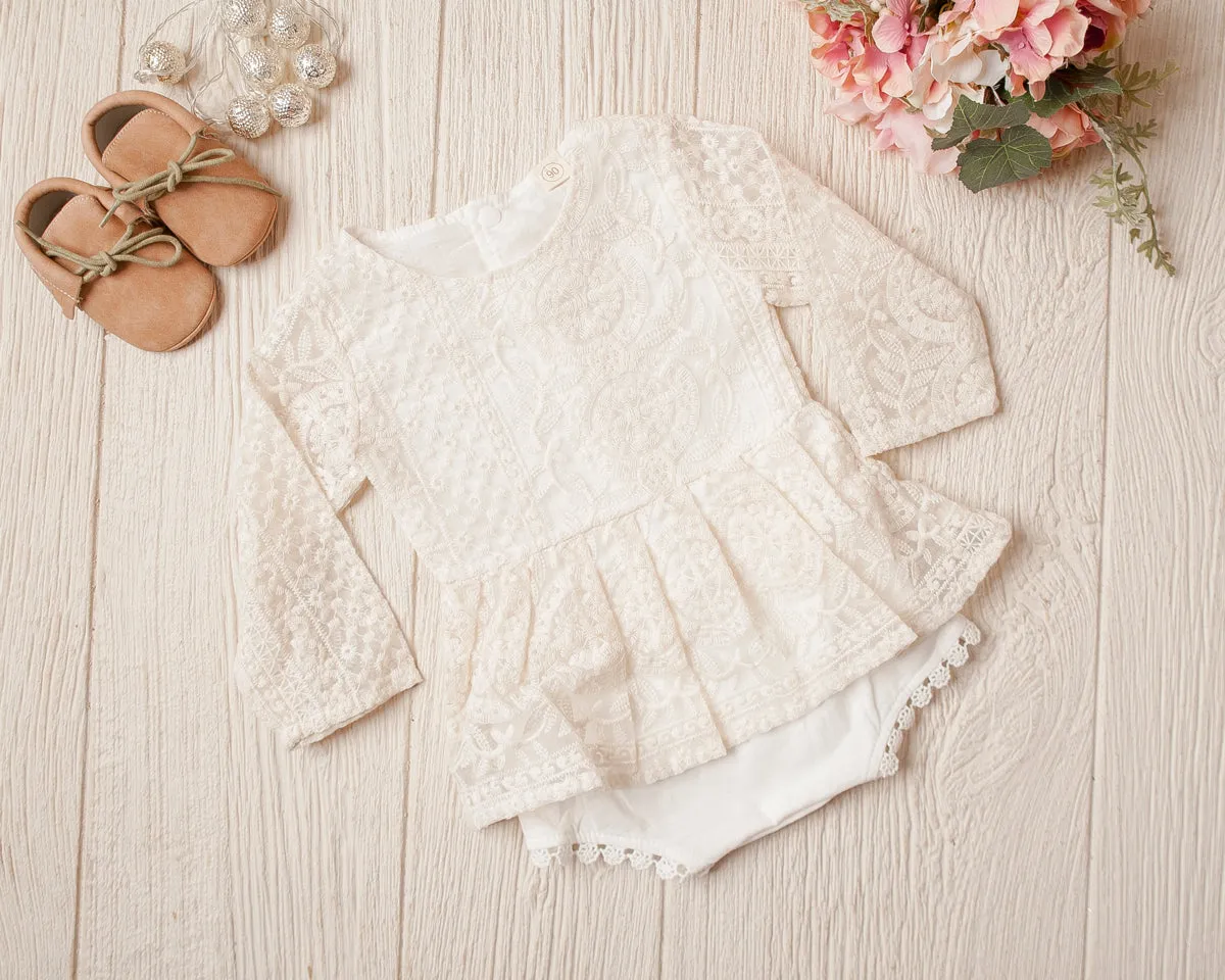 $15.00 EA - 6-12M X 2 / 12-24M X 1 -- Stacey Lynn Ivory Lace Skirted Romper