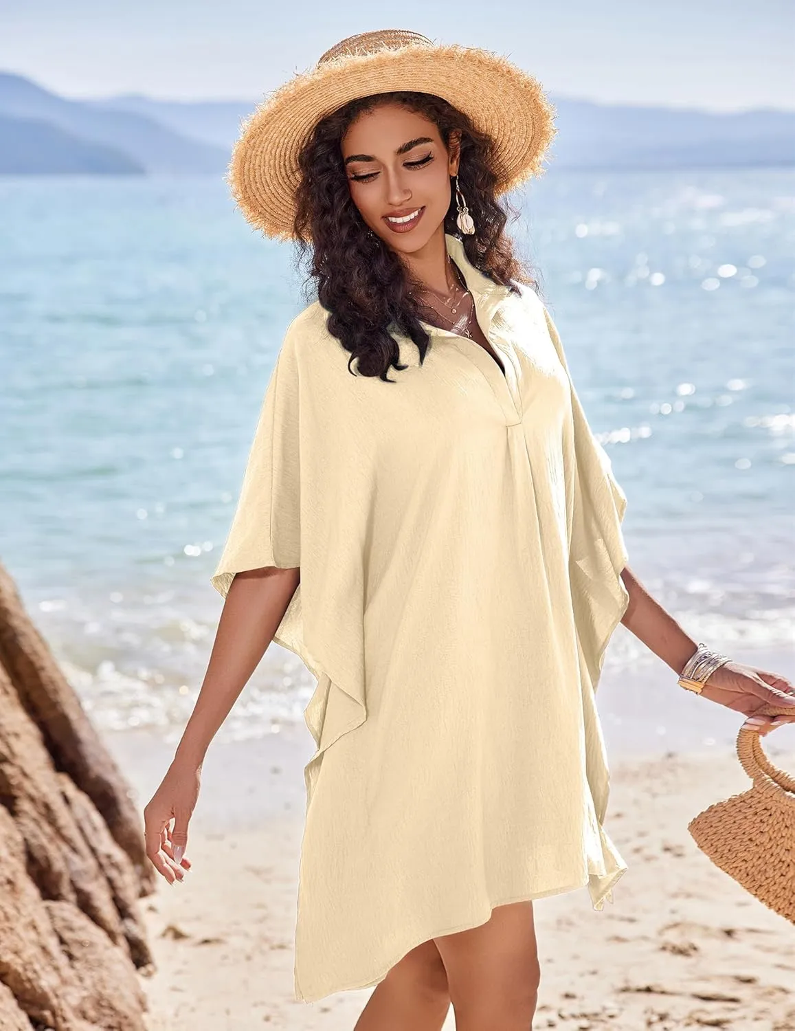 AI'MAGE Womens Swimsuit Beach Cover Up Shirt Summer 3/4 Sleeve Bathing Suit Beach Dress Oversized Bikini Coverups S-3XL