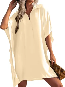 AI'MAGE Womens Swimsuit Beach Cover Up Shirt Summer 3/4 Sleeve Bathing Suit Beach Dress Oversized Bikini Coverups S-3XL