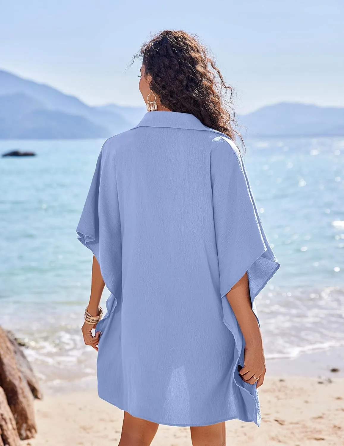 AI'MAGE Womens Swimsuit Beach Cover Up Shirt Summer 3/4 Sleeve Bathing Suit Beach Dress Oversized Bikini Coverups S-3XL