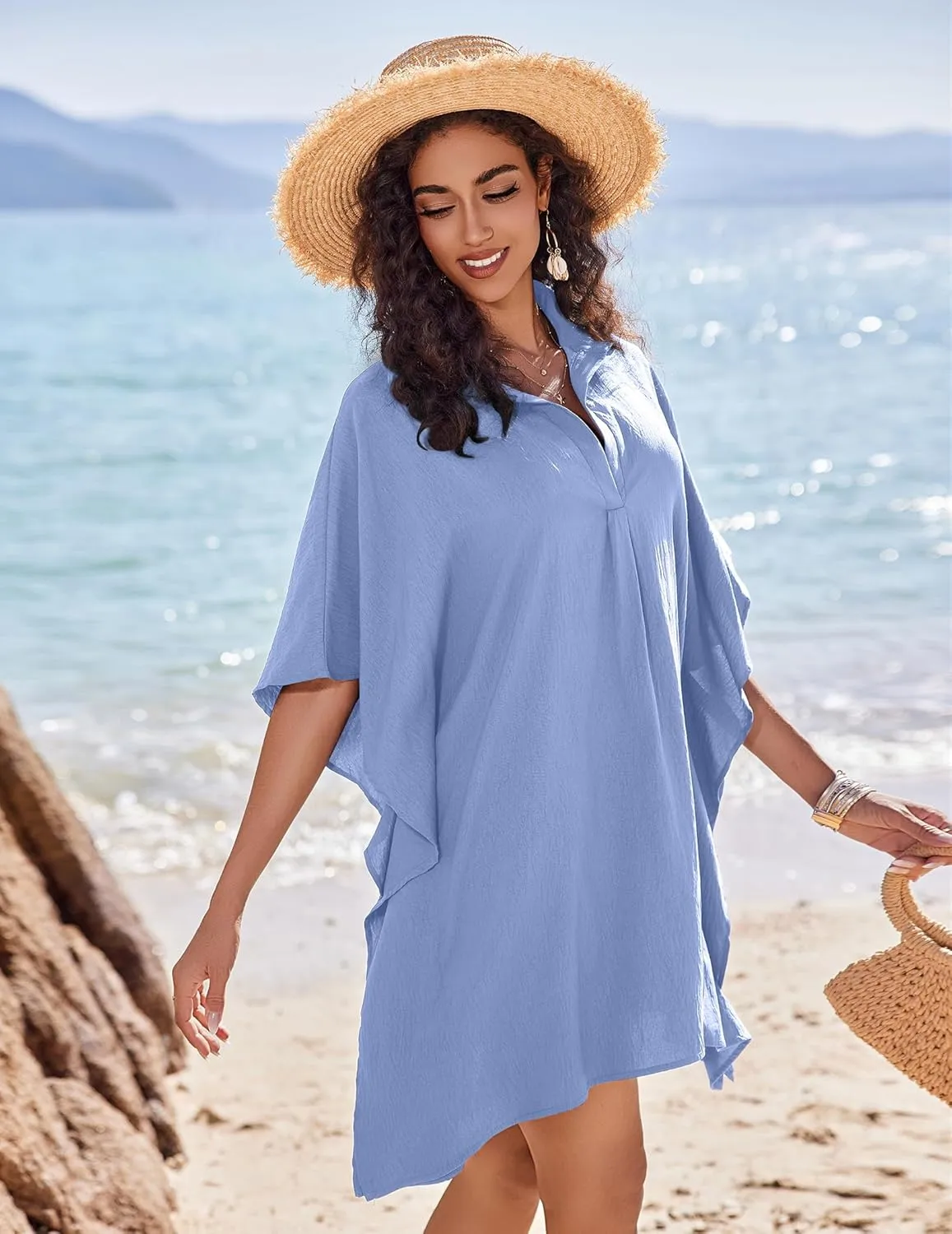AI'MAGE Womens Swimsuit Beach Cover Up Shirt Summer 3/4 Sleeve Bathing Suit Beach Dress Oversized Bikini Coverups S-3XL
