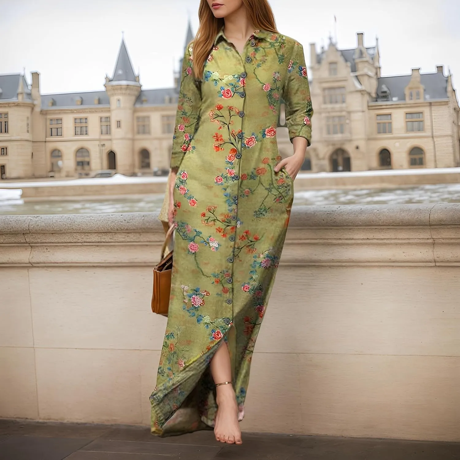 Akivide Women's Spring Summer Button Down Lapel Shirt Dress Long Sleeve Oversized Floral Print Maxi Dresses with Pockets