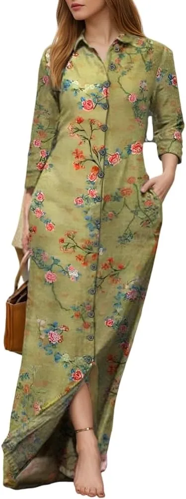 Akivide Women's Spring Summer Button Down Lapel Shirt Dress Long Sleeve Oversized Floral Print Maxi Dresses with Pockets