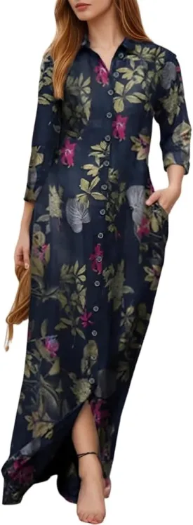 Akivide Women's Spring Summer Button Down Lapel Shirt Dress Long Sleeve Oversized Floral Print Maxi Dresses with Pockets