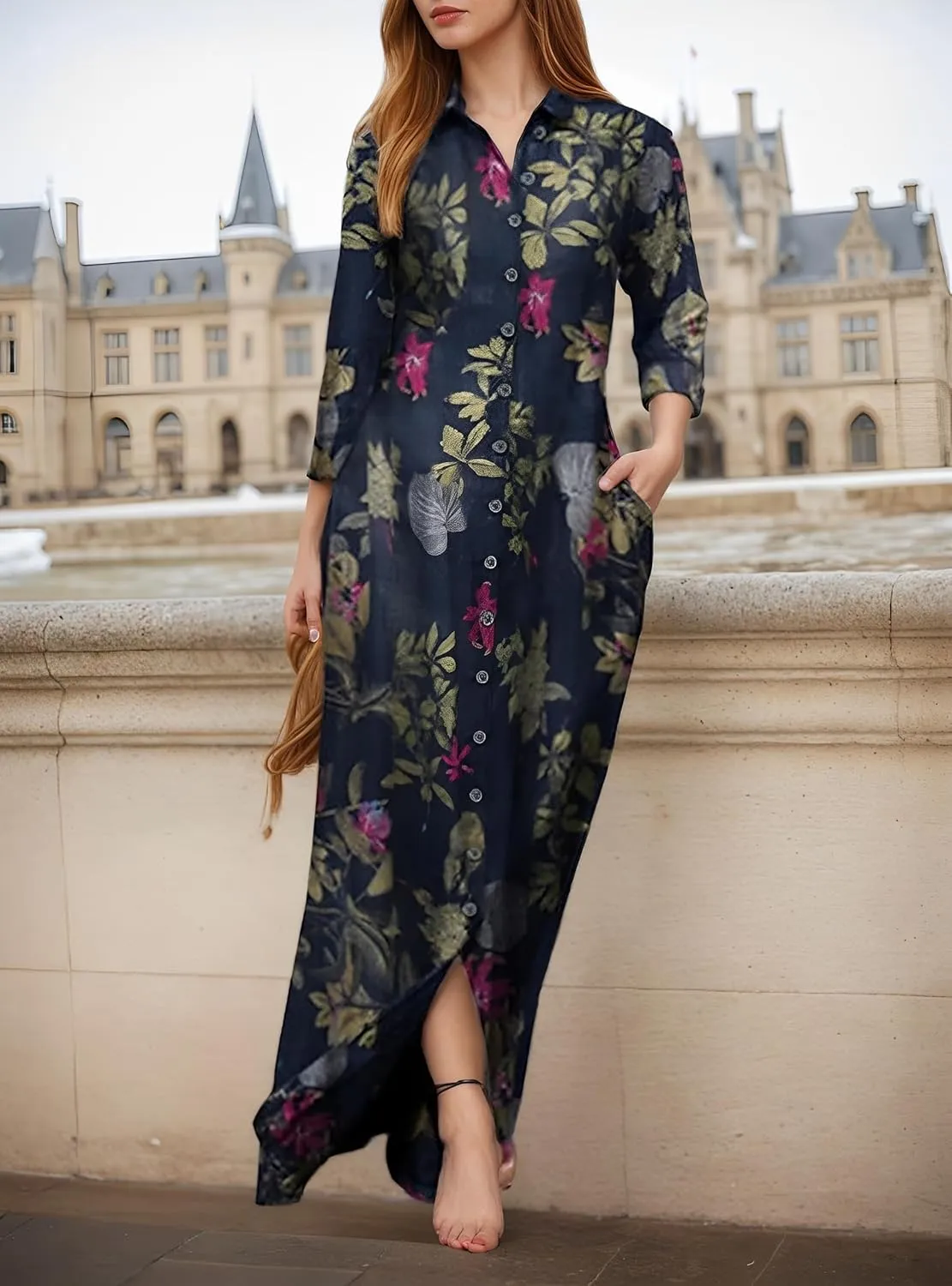 Akivide Women's Spring Summer Button Down Lapel Shirt Dress Long Sleeve Oversized Floral Print Maxi Dresses with Pockets