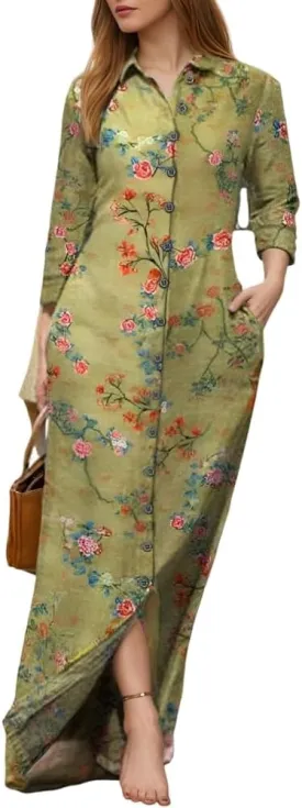 Akivide Women's Spring Summer Button Down Lapel Shirt Dress Long Sleeve Oversized Floral Print Maxi Dresses with Pockets
