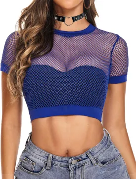Avidlove Fishnet Crop Top for Women Y2K Short Sleeve See Through Shirt O Neck Pullover Blouse
