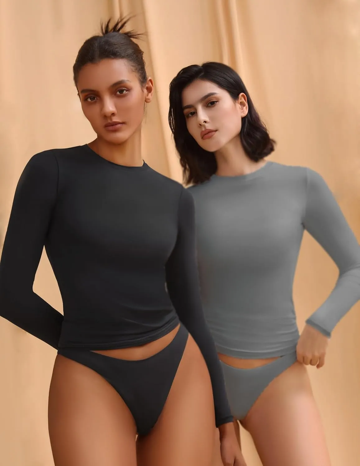 Avidlove Women Double Lined Basic Fitted T Shirts Long Sleeve Crew Neck Y2K Top with Underwear S-XXL