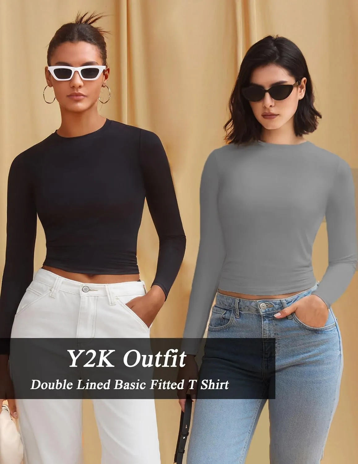 Avidlove Women Double Lined Basic Fitted T Shirts Long Sleeve Crew Neck Y2K Top with Underwear S-XXL