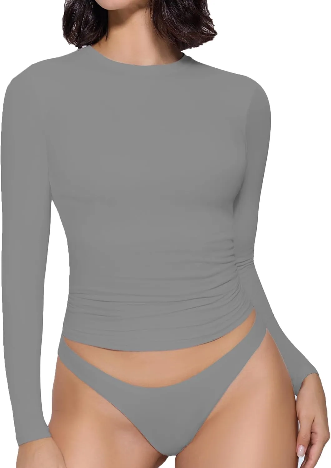 Avidlove Women Double Lined Basic Fitted T Shirts Long Sleeve Crew Neck Y2K Top with Underwear S-XXL