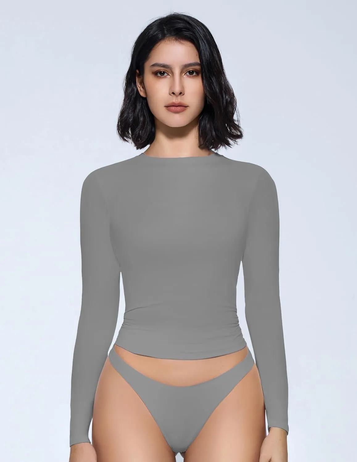 Avidlove Women Double Lined Basic Fitted T Shirts Long Sleeve Crew Neck Y2K Top with Underwear S-XXL