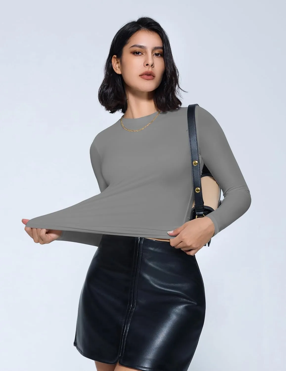 Avidlove Women Double Lined Basic Fitted T Shirts Long Sleeve Crew Neck Y2K Top with Underwear S-XXL