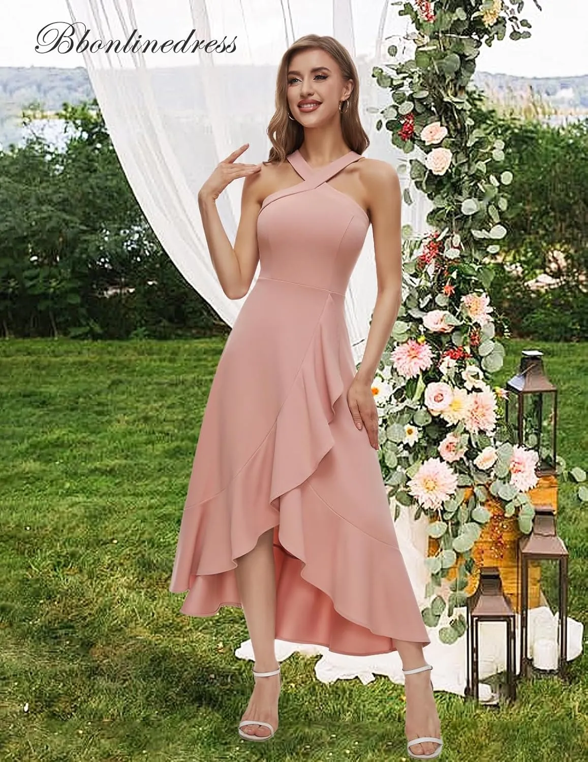 Bbonlinedress Halter Cocktail Women Dresses Prom Formal Wedding Bridesmaid Dress Ruffled Maxi Hi-Lo Evening Party 2025 Dress