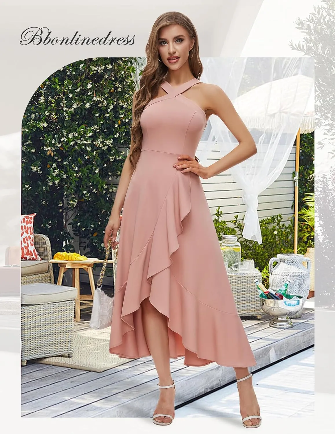 Bbonlinedress Halter Cocktail Women Dresses Prom Formal Wedding Bridesmaid Dress Ruffled Maxi Hi-Lo Evening Party 2025 Dress