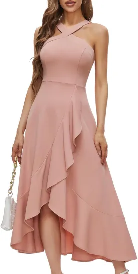 Bbonlinedress Halter Cocktail Women Dresses Prom Formal Wedding Bridesmaid Dress Ruffled Maxi Hi-Lo Evening Party 2025 Dress
