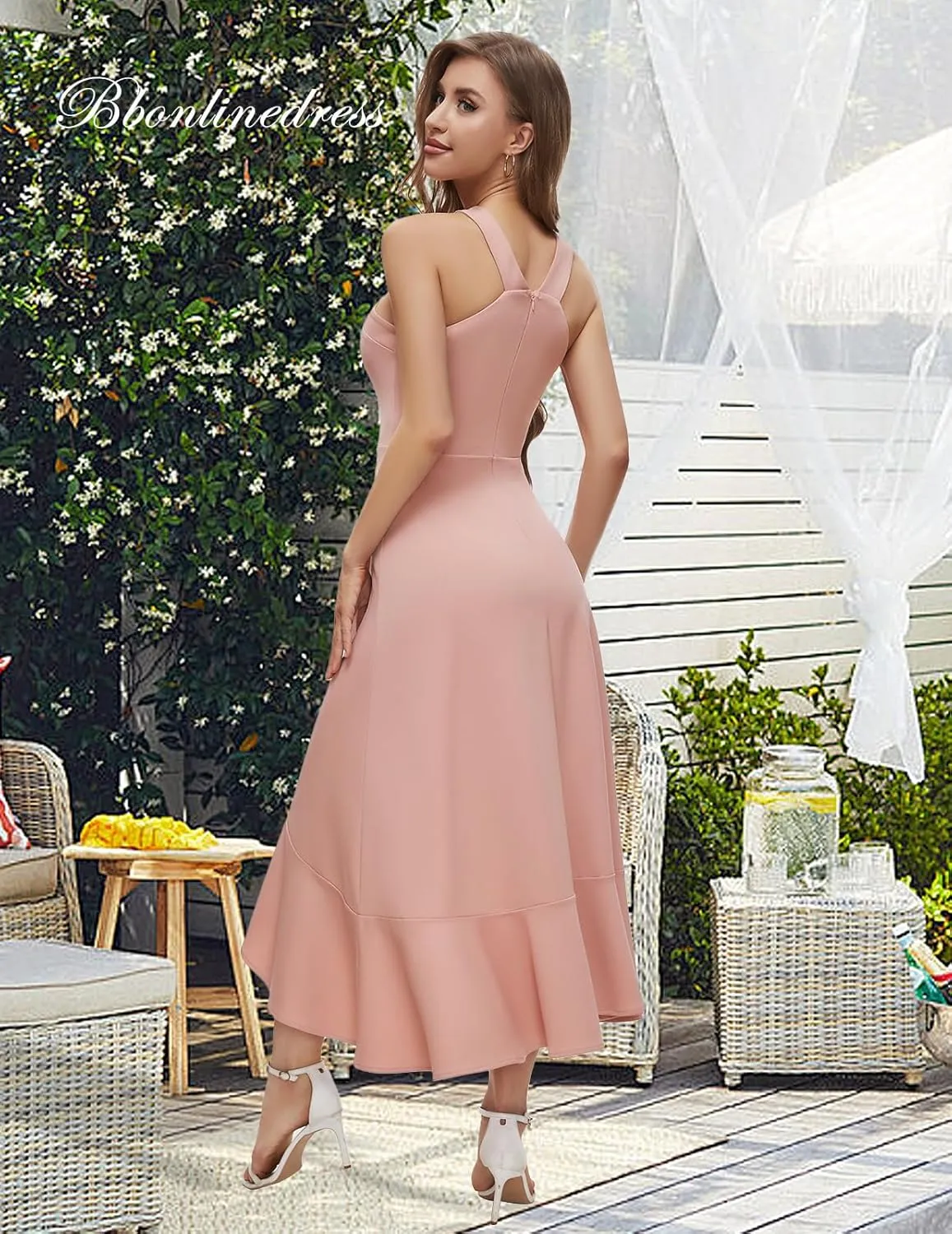 Bbonlinedress Halter Cocktail Women Dresses Prom Formal Wedding Bridesmaid Dress Ruffled Maxi Hi-Lo Evening Party 2025 Dress