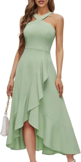 Bbonlinedress Halter Cocktail Women Dresses Prom Formal Wedding Bridesmaid Dress Ruffled Maxi Hi-Lo Evening Party 2025 Dress