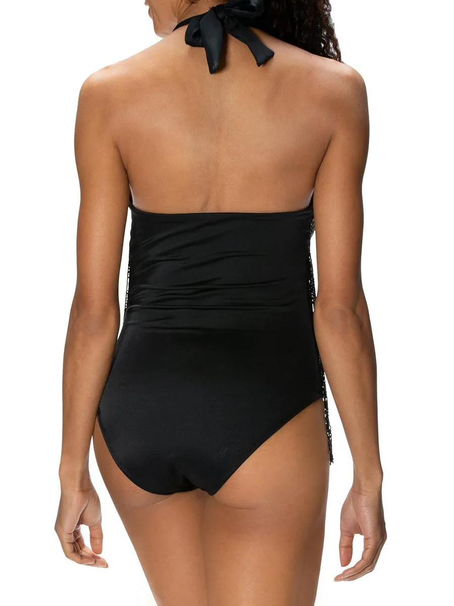 Beaded Fringe Detail Halter One-piece Swimsuit