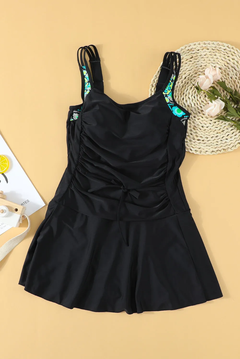 Black Floral Accent One-piece Swimdress