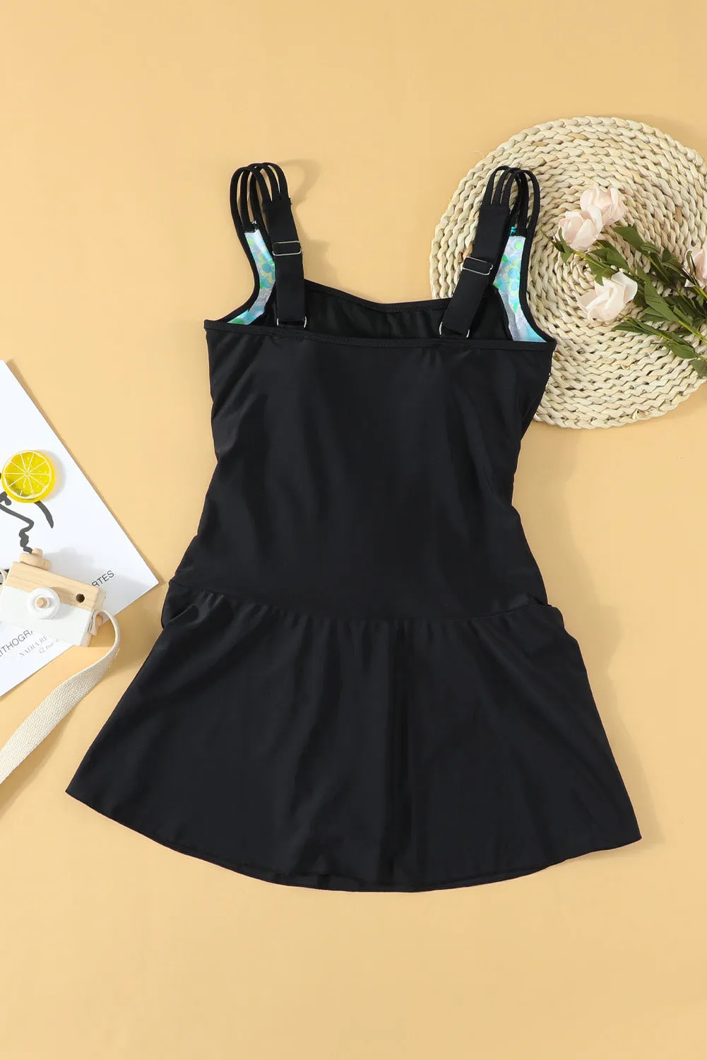 Black Floral Accent One-piece Swimdress