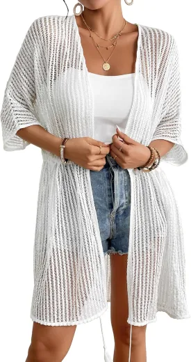 Bsubseach Crochet Kimonos for Women Mesh Sexy Bathing Suit Cover Ups Open Front Beach Summer Outwear