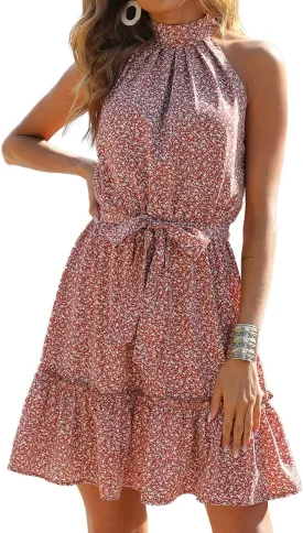 BTFBM Women Halter Neck Summer Dresses 2025 Spring Casual Sleeveless Floral Polka Dot Ruffle Mini Boho Beach Sun Dress