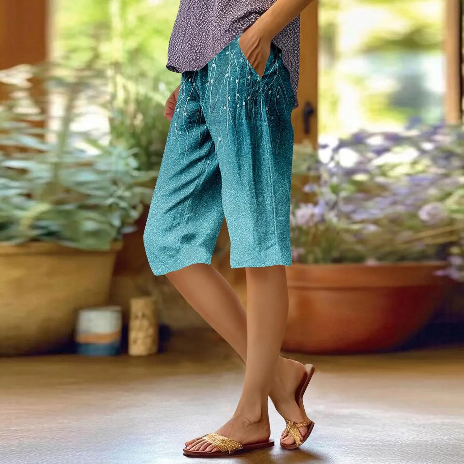 Capri Pants for Women Bermuda Shorts High Waisted Wide Leg Cropped Linen Pants Casual Palazzo Pant with Pockets