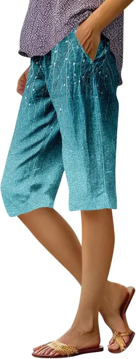 Capri Pants for Women Bermuda Shorts High Waisted Wide Leg Cropped Linen Pants Casual Palazzo Pant with Pockets