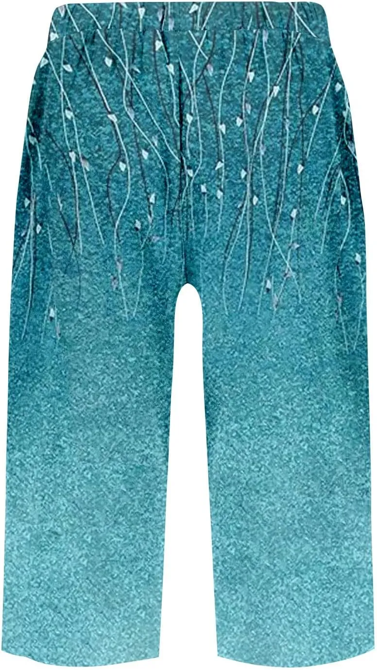 Capri Pants for Women Bermuda Shorts High Waisted Wide Leg Cropped Linen Pants Casual Palazzo Pant with Pockets