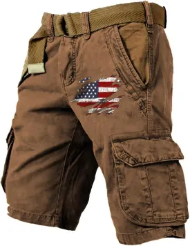 Cargo Shorts for Men Classic American Flag Printed Shorts Washed Distressed Jogging Hiking Pant with Multiple Pockets
