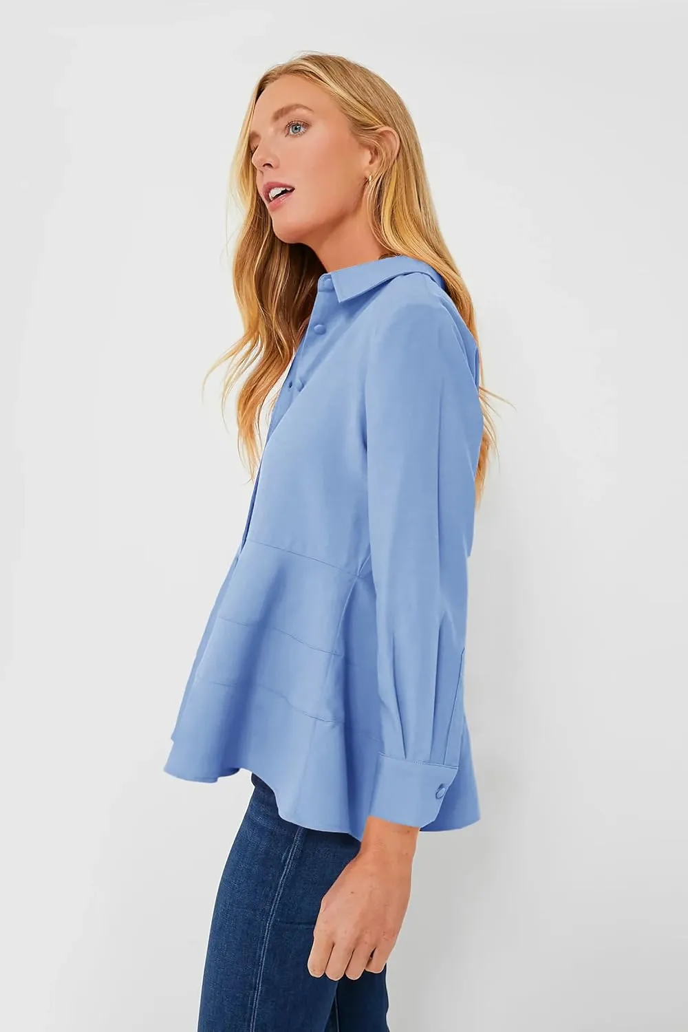 Cicy Bell Women's Button Down Shirts Collared V Neck Long Sleeve Peplum Tiered Blouse Tops