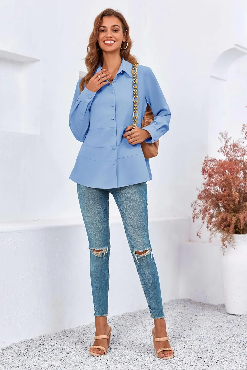 Cicy Bell Women's Button Down Shirts Collared V Neck Long Sleeve Peplum Tiered Blouse Tops
