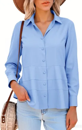 Cicy Bell Women's Button Down Shirts Collared V Neck Long Sleeve Peplum Tiered Blouse Tops