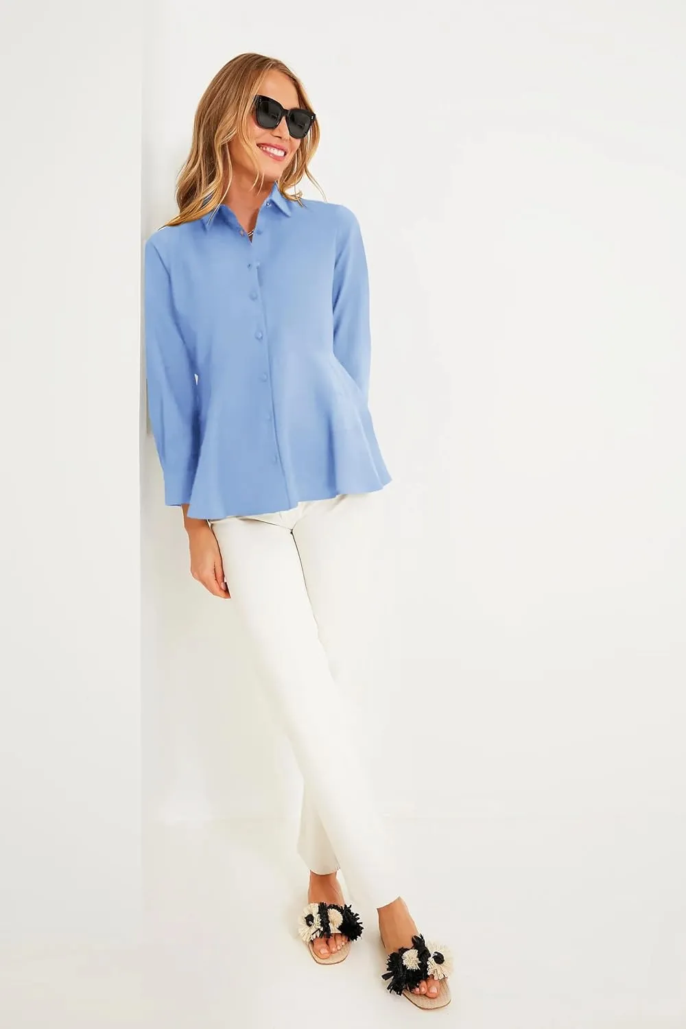 Cicy Bell Women's Button Down Shirts Collared V Neck Long Sleeve Peplum Tiered Blouse Tops