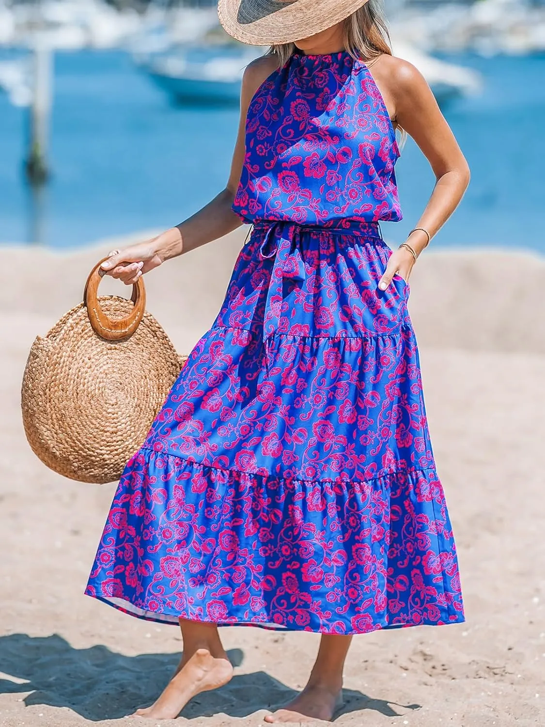 CUPSHE Women's Midi Dress Halter Floral Sleeveless Belted Ruffled A Line Casual Summer Dress