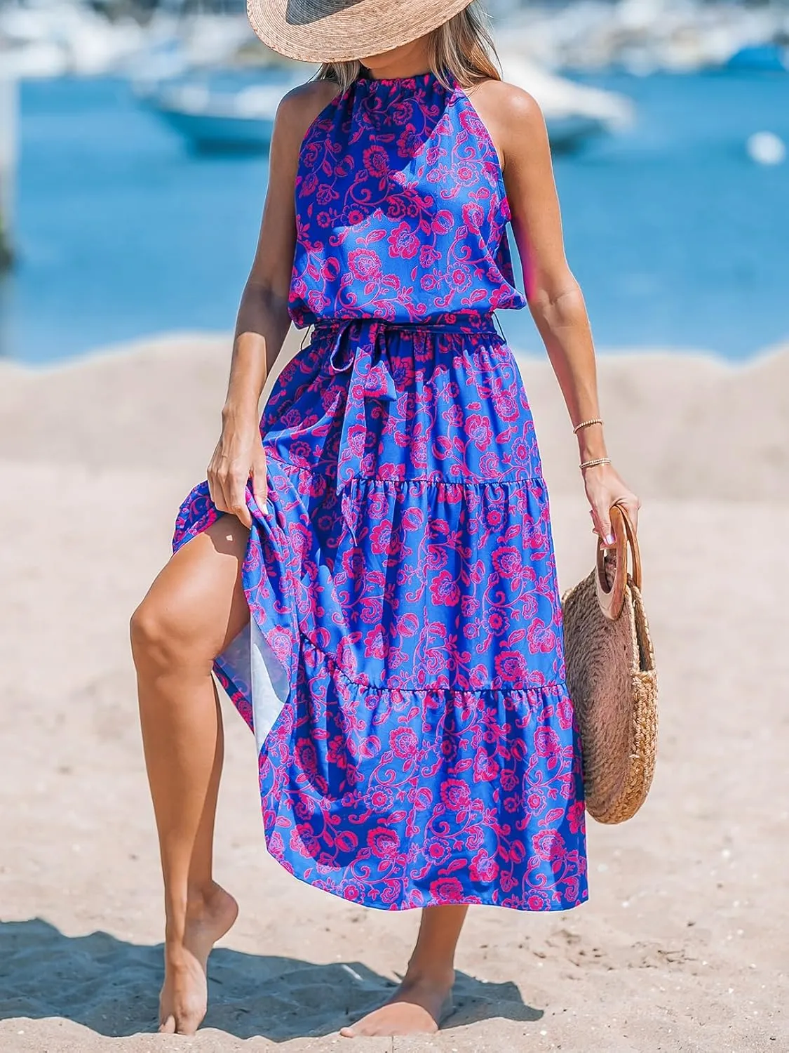 CUPSHE Women's Midi Dress Halter Floral Sleeveless Belted Ruffled A Line Casual Summer Dress
