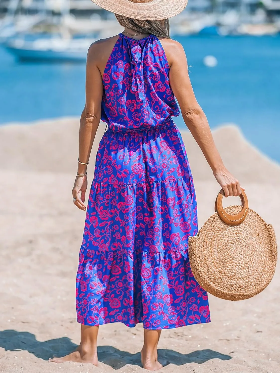 CUPSHE Women's Midi Dress Halter Floral Sleeveless Belted Ruffled A Line Casual Summer Dress