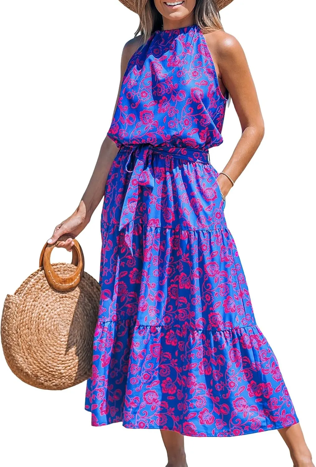 CUPSHE Women's Midi Dress Halter Floral Sleeveless Belted Ruffled A Line Casual Summer Dress