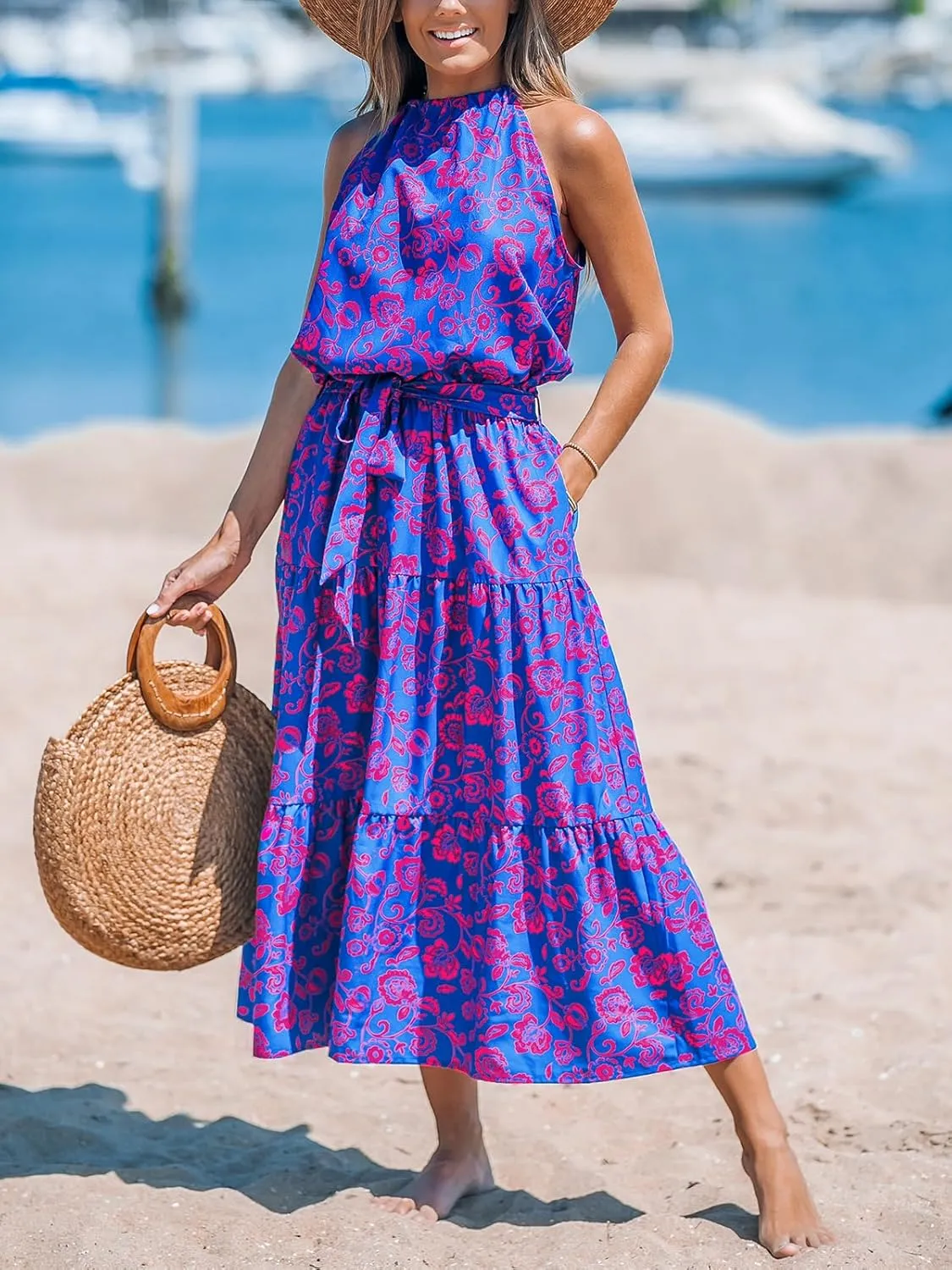CUPSHE Women's Midi Dress Halter Floral Sleeveless Belted Ruffled A Line Casual Summer Dress