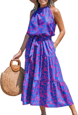 CUPSHE Women's Midi Dress Halter Floral Sleeveless Belted Ruffled A Line Casual Summer Dress