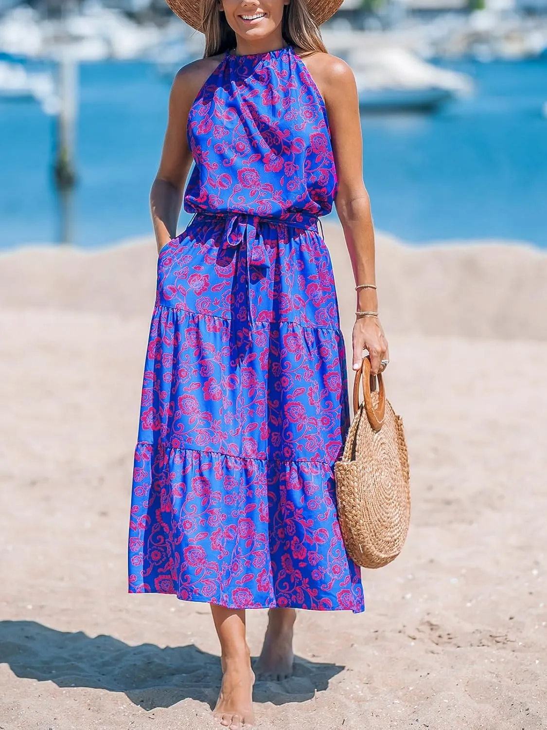 CUPSHE Women's Midi Dress Halter Floral Sleeveless Belted Ruffled A Line Casual Summer Dress