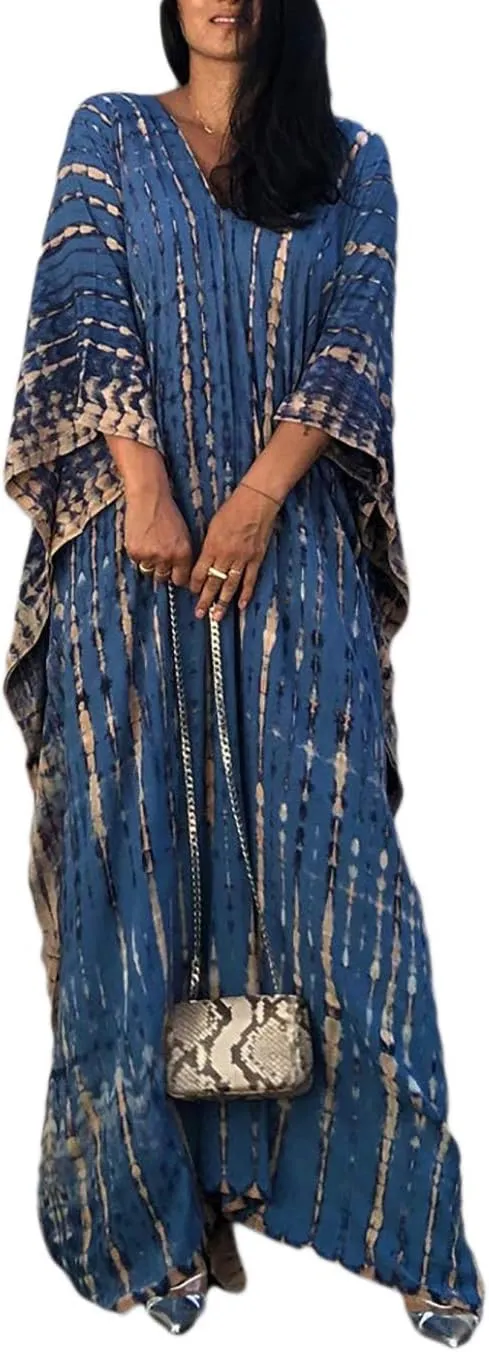 Eddoyee Plus Size Beach Kaftan Dresses for Women Print V-Neck Long Swimsuit Cover Ups