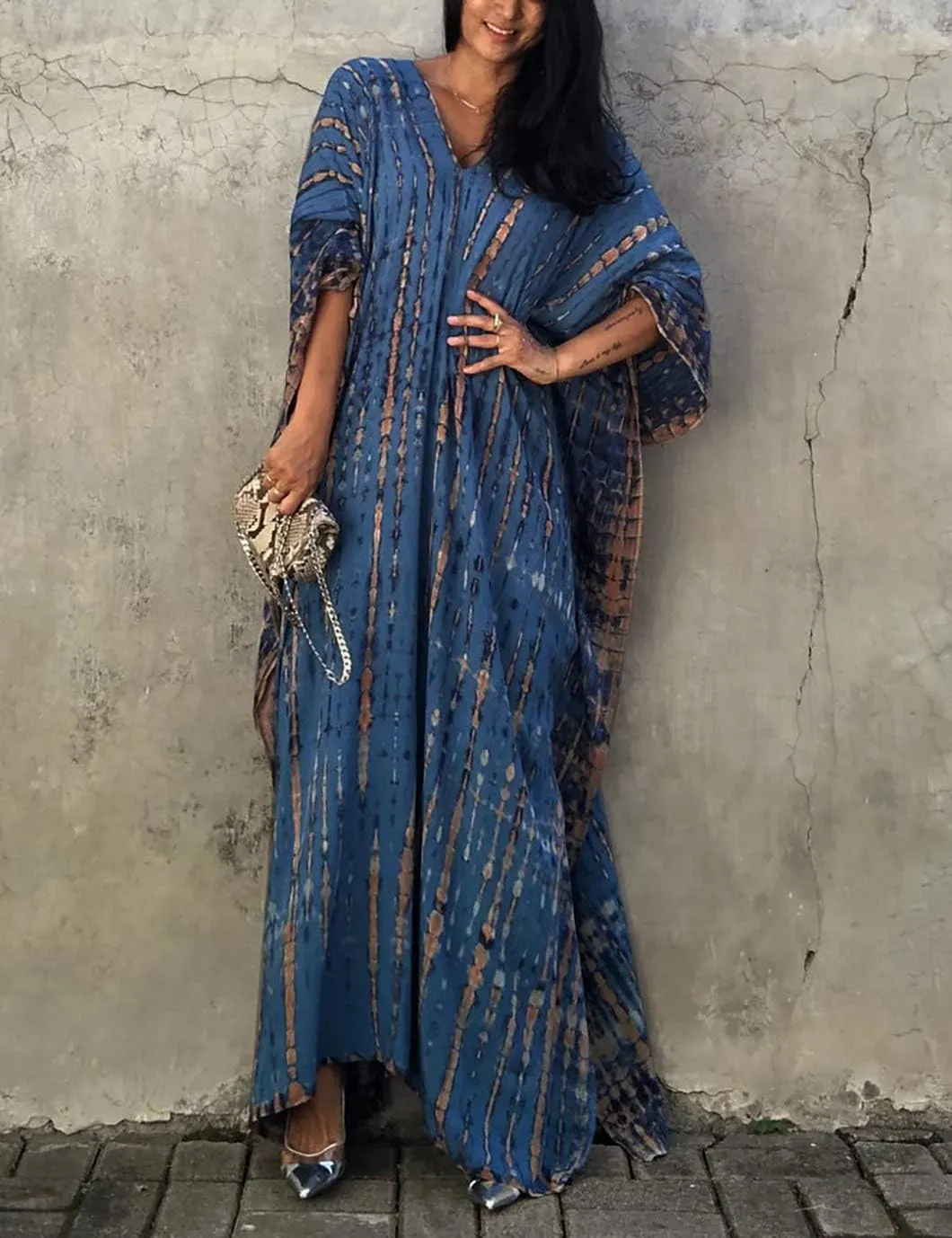 Eddoyee Plus Size Beach Kaftan Dresses for Women Print V-Neck Long Swimsuit Cover Ups