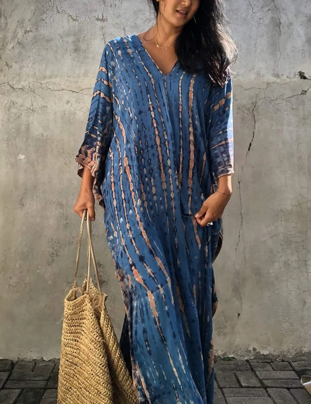 Eddoyee Plus Size Beach Kaftan Dresses for Women Print V-Neck Long Swimsuit Cover Ups