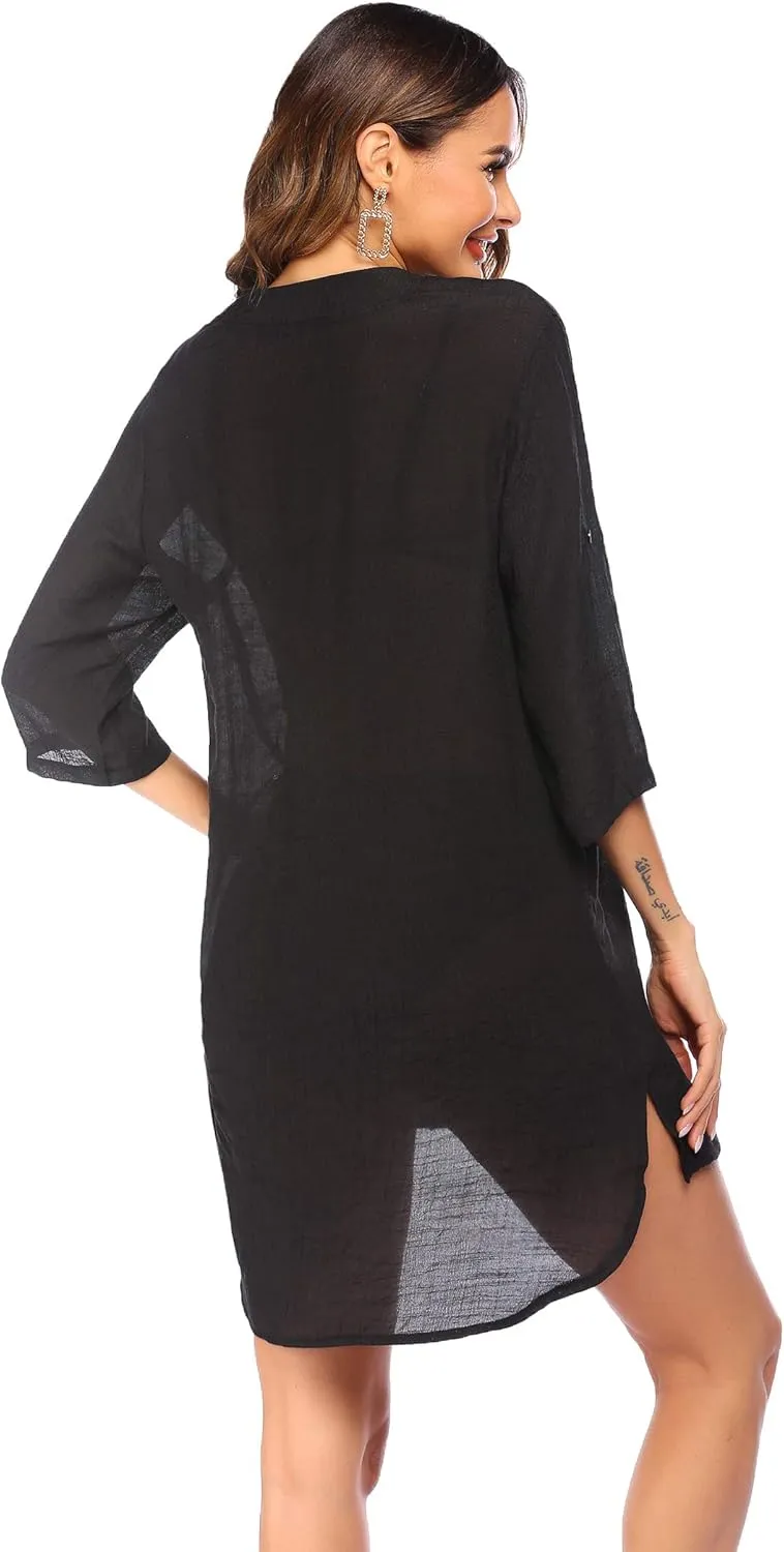 Ekouaer Bathing Suit Cover Up for Women V Neck Button Down Swimsuit Coverup Beach Dress Shirt S-3XL