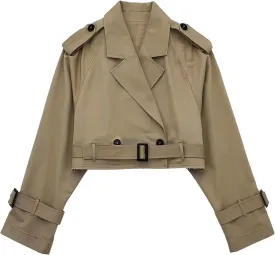 Faleave Womens Cropped Jacket Long Sleeve Belted Trench Coat Solid Color