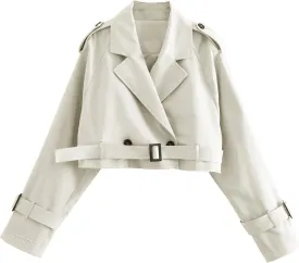 Faleave Womens Cropped Jacket Long Sleeve Belted Trench Coat Solid Color