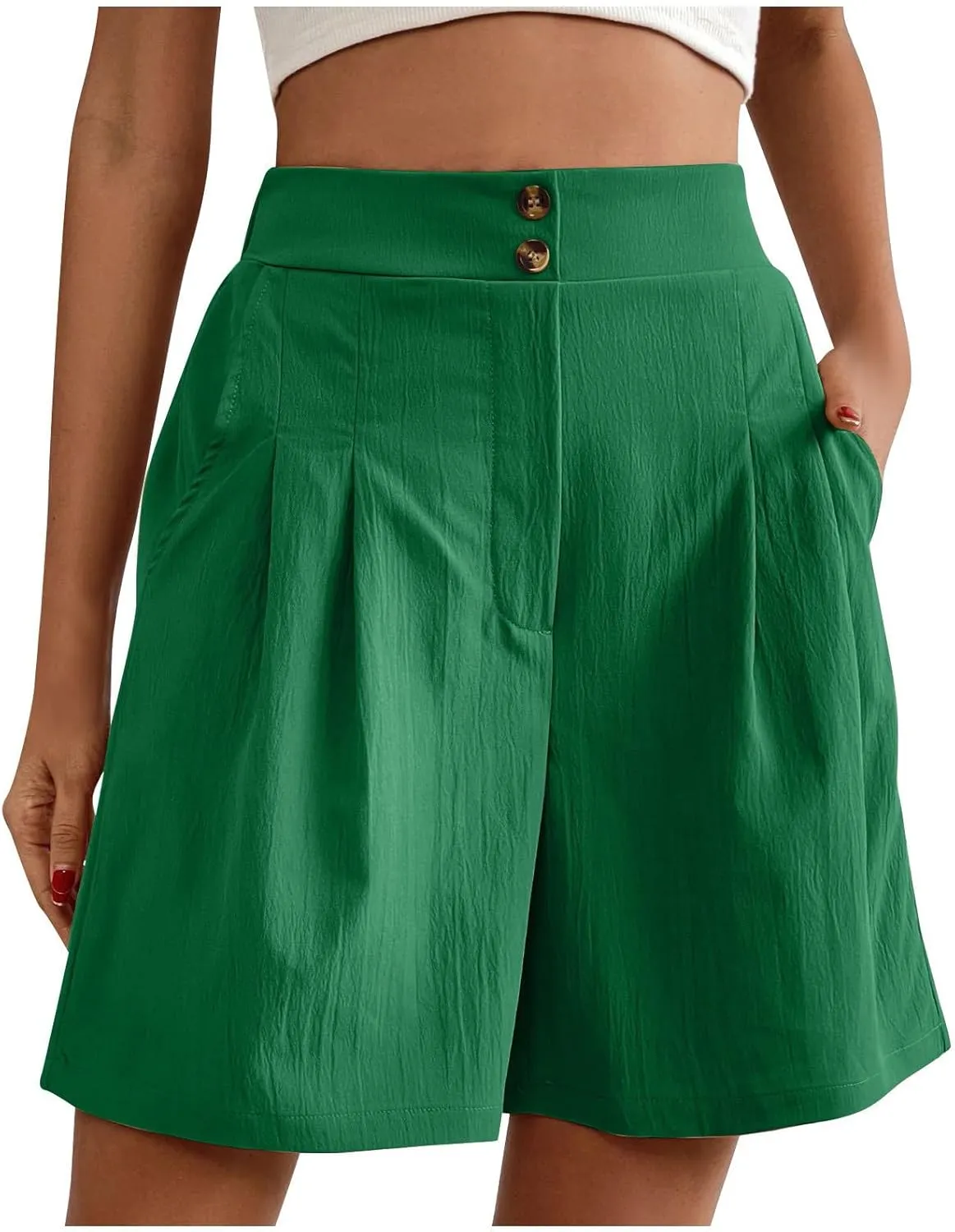 fanmpghleoo Linen Shorts for Women Dressy Casual Pleated Mid Thigh High Waisted Shorts Business Wide Leg Linen Dress Pants