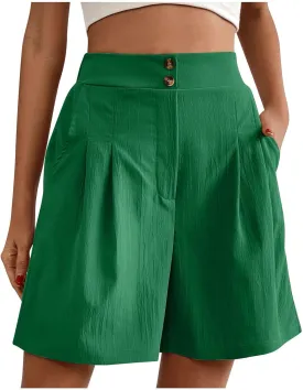 fanmpghleoo Linen Shorts for Women Dressy Casual Pleated Mid Thigh High Waisted Shorts Business Wide Leg Linen Dress Pants