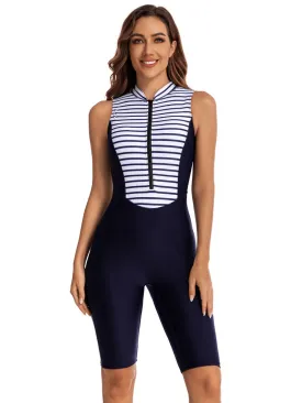 Female Zipper Striped Print Sports One Piece Surfing Suit - SF1200